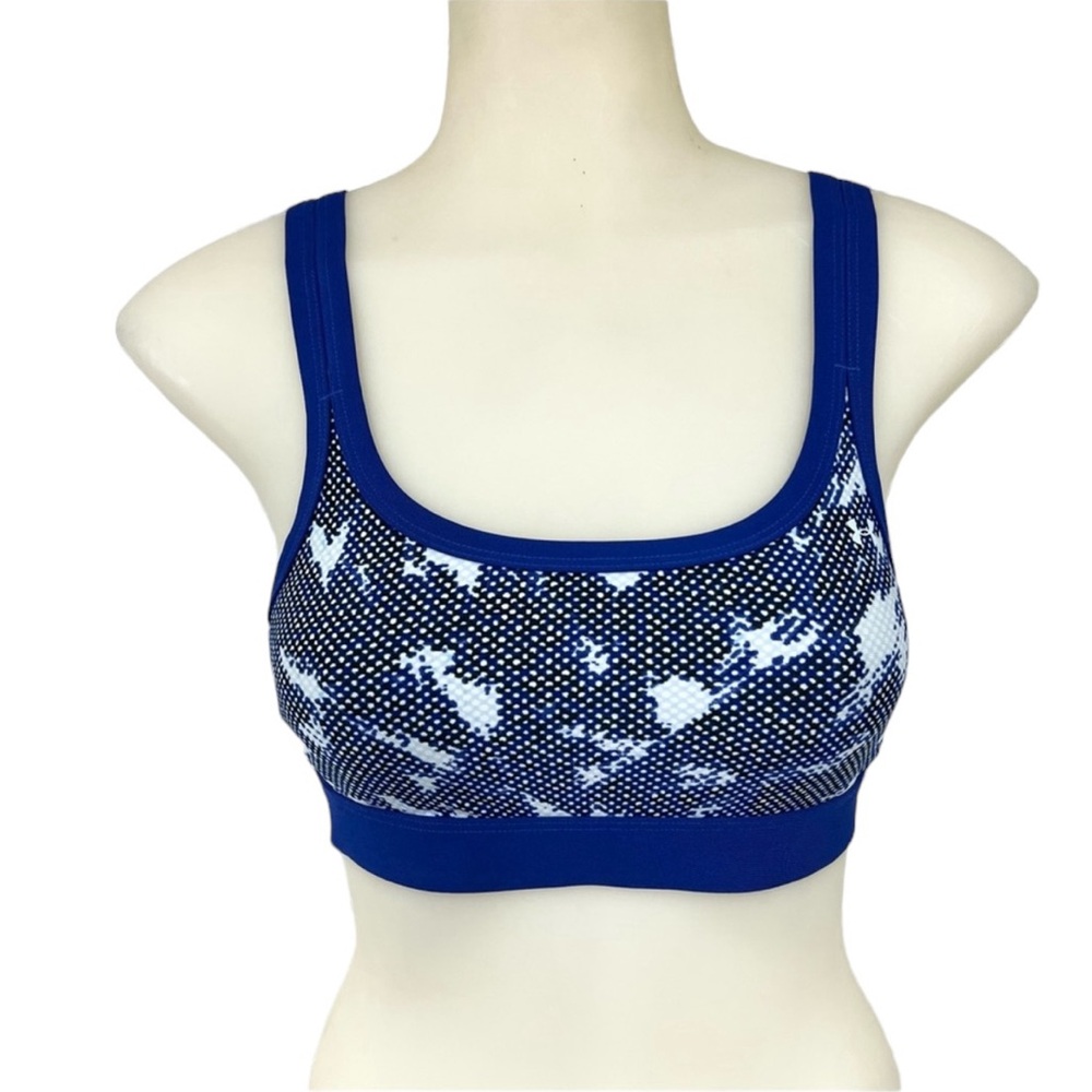 UNDER ARMOUR Sports Bra Blue Heat Gear Fitted V-Strap Back Lightly Padde…